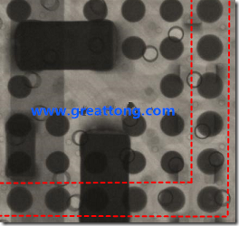 BGA錫球尺寸小于0.4mm，采用降低BGA內(nèi)圍襲球的錫膏量所得到X-Ray，稍微留意一下可以發(fā)現(xiàn)最外圈的錫量(圓的直徑)比其他內(nèi)圍的錫球上的錫量來得多一點點。也就是外圈的黑色圓形直徑比內(nèi)圈的圓形來得大一點點。