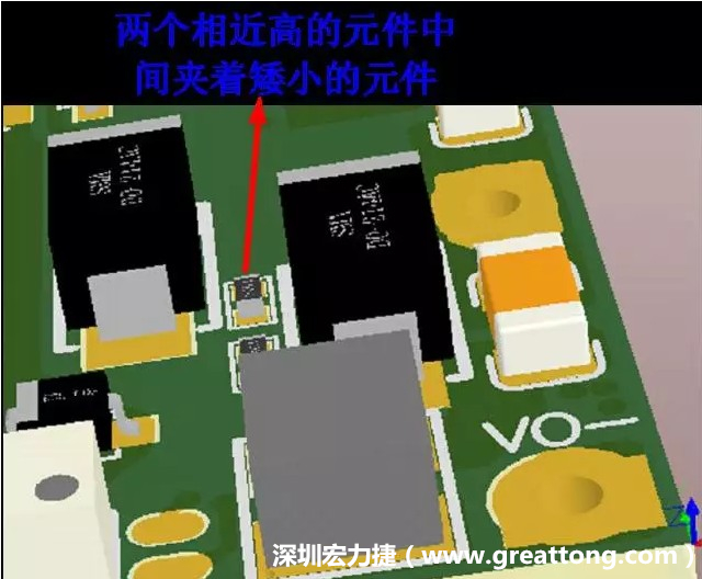 放置器件時要考慮以后的焊接和維修，兩個高度高的元件之間盡量避免放置矮小的元件