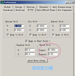  改銅皮的填充網(wǎng)格Global→Design Units，填充方向Drafting→Direction；Hatch Grid中Copper此數(shù)值為大銅箔中所填充的線條中心到中心的距離。