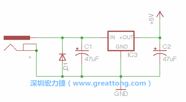 新增RBBB→Power_Jack，將它放在電壓調整器的輸入端旁邊。