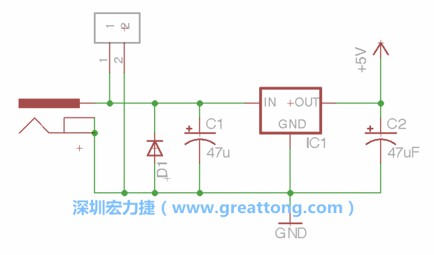 2.5.    新增一個二極體，它會以水平的狀態出現在屏幕上，請使用「旋轉（Rotate）」工具把它負極那一面朝上，并且用「網絡連接」工具將它連接在電壓調整器的輸入端和接地端之間。