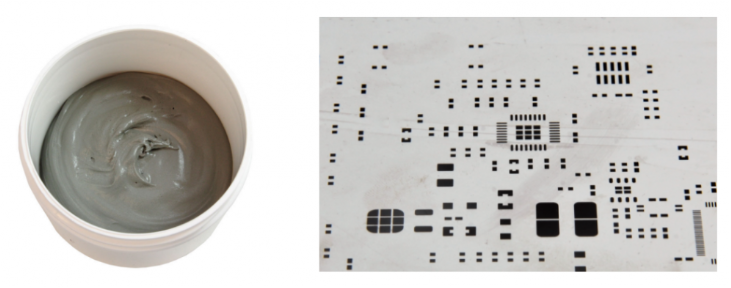 焊膏（左），PCB模板激光切割孔（右）